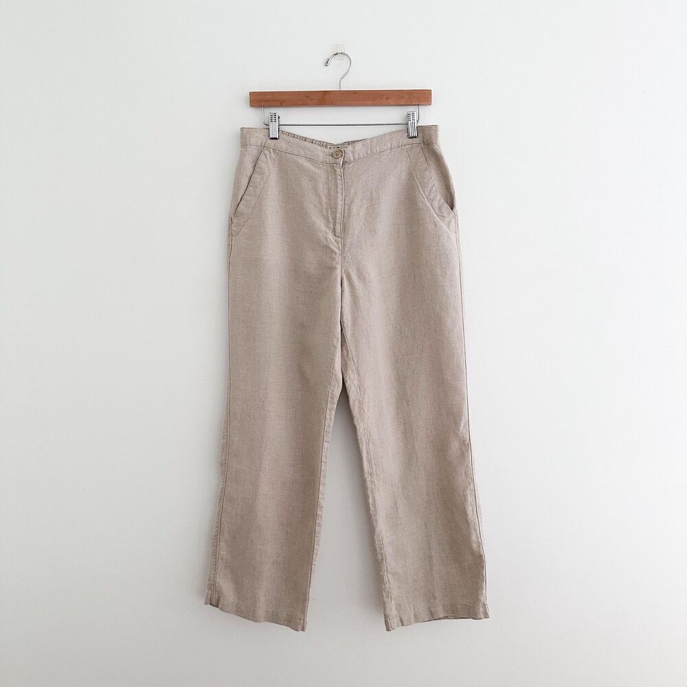 L.L.Bean 100% Linen Pant Classic Fit Straight Leg Trouser Neutral Beige Size 12
